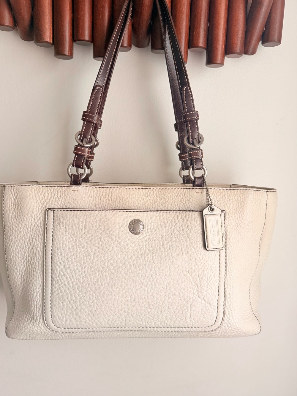 Coach Pebbled Leather Shoulder Tote in Chalk with Brown Handles